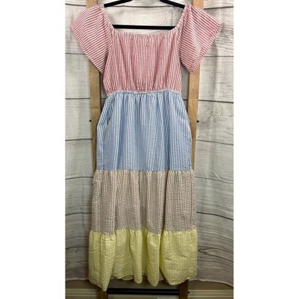 Urban Outfitters Seersucker Color Blocked Midi Dress Cottagecore Size XS - Picture 10 of 13
